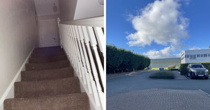 Dimly lit empty staircase with brown carpet and an empty parking lot under a bright cloudy sky in liminal spaces.