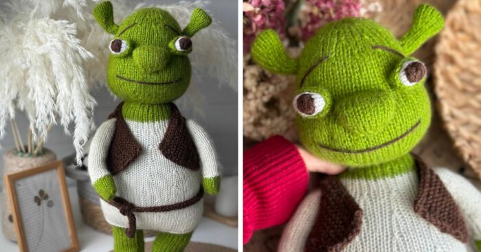 Knitted ogre toy inspired by Shrek with green yarn, detailed facial features, and brown vest shown in two close-up images.