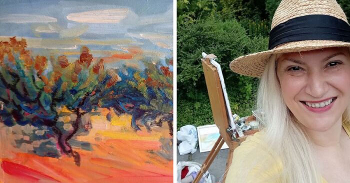 Artist painting plein air landscapes near Dnipro, capturing painted resilience with vibrant colors and natural scenery outdoors.