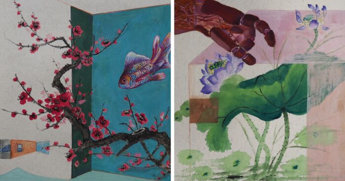 Classical Chinese painting featuring blooming branches, koi fish, and modern abstract floral elements in vibrant colors.