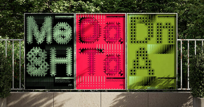 Three modern posters with abstract patterns displayed outdoors, showcasing design that breathes and remembers you.