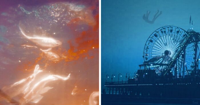 Abstract digital artwork with glowing shapes on the left and a surreal scene featuring a ferris wheel underwater on the right.