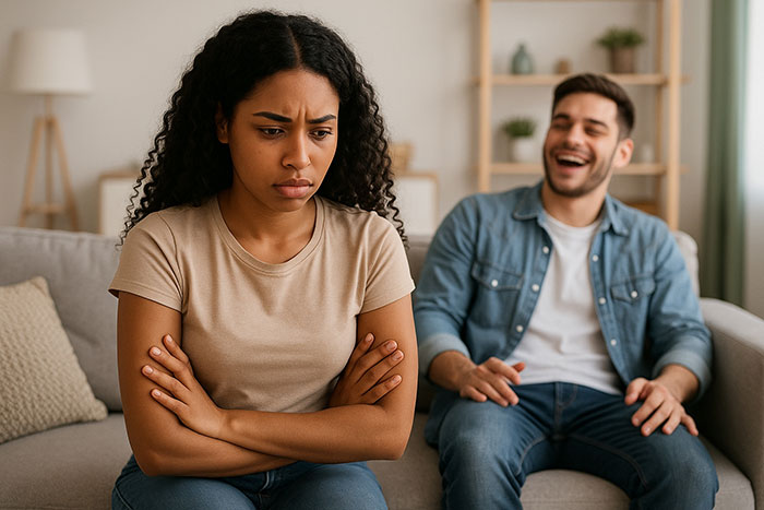 Bride looks worried and distant while groom-to-be laughs on couch, reflecting cold feet jokes before wedding day. Bride looks worried and distant while groom-to-be laughs on couch, reflecting cold feet jokes before wedding day.