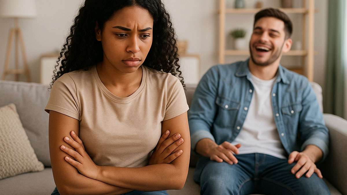 Bride looks concerned while groom-to-be laughs, hinting at cold feet jokes and doubts about commitment.