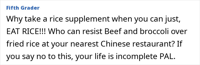 Text excerpt from a fifth grader about preferring natural rice over supplements, emphasizing healthy food choices. Text excerpt from a fifth grader about preferring natural rice over supplements, emphasizing healthy food choices.