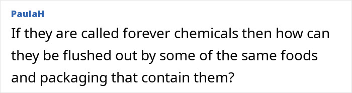 Comment text discussing the body's ability to flush out cancer-causing forever chemicals through fiber-rich foods. Comment text discussing the body's ability to flush out cancer-causing forever chemicals through fiber-rich foods.