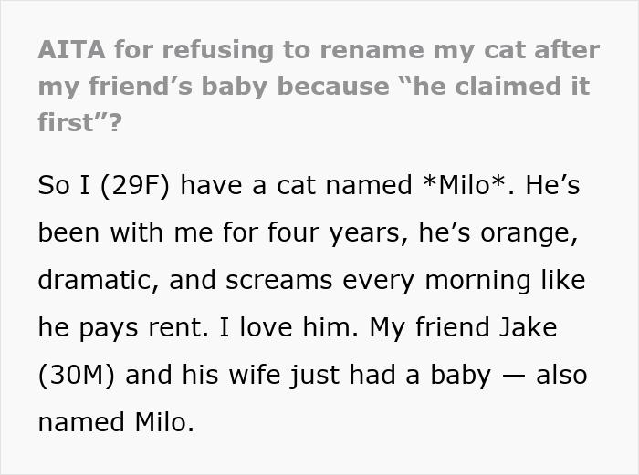 Alt text: Woman upset as friend claims cat name for newborn, sparking pet and baby name conflict debate. Alt text: Woman upset as friend claims cat name for newborn, sparking pet and baby name conflict debate.