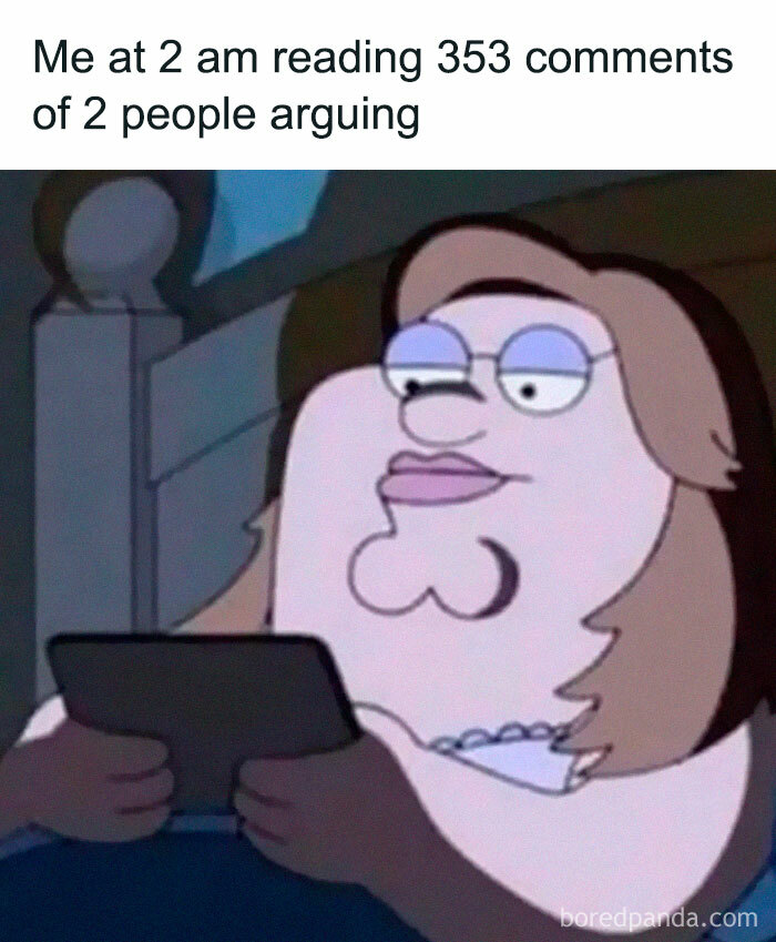 Character from animated show reading a tablet at night with caption about reading funny memes arguments online.