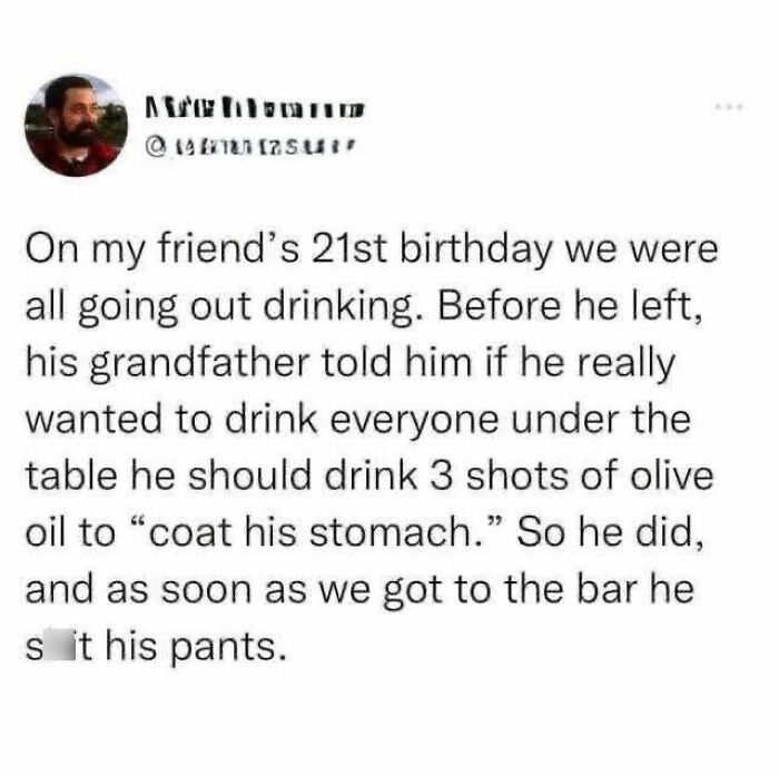 A funny meme about a 21st birthday drinking challenge that ends with an embarrassing mishap.