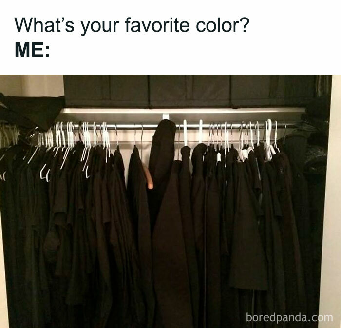 Closet full of black clothes with caption about favorite color shown in one of the funniest memes to make your day better.