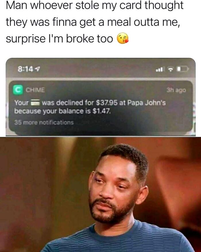 Notification of declined card for Papa John's order and man with disappointed expression, a funny meme to brighten your day.