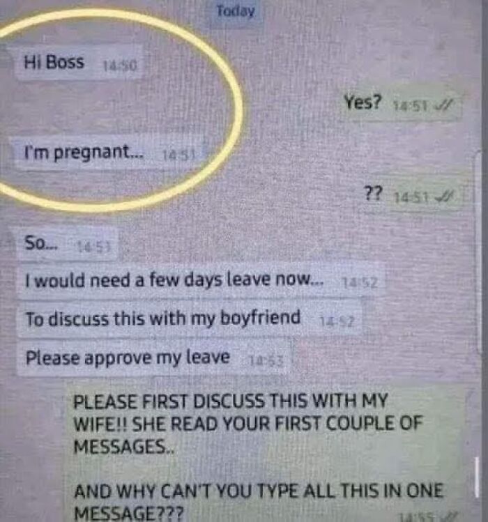 Funny text message exchange about pregnancy leave causing confusion, a perfect example of funniest memes to lighten your day.