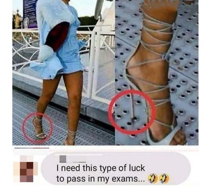Woman in a blue dress wearing high heels with a broken heel circled, highlighting unlucky moments in funniest memes.