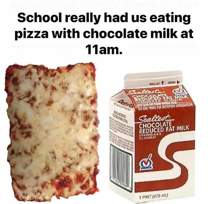 Square slice of pizza next to a carton of chocolate milk illustrating a funny school lunchtime memory meme.