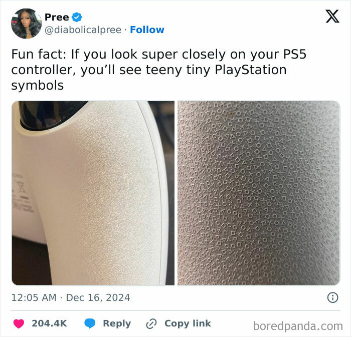 Close-up of a PS5 controller showing tiny PlayStation symbols textured on the grip, featured in funniest memes collection.