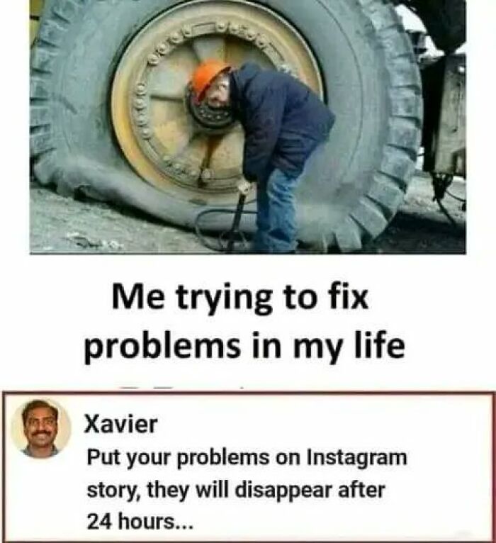 Man in hard hat pumping air into a flat tire humorously representing fixing problems in life with funniest memes.