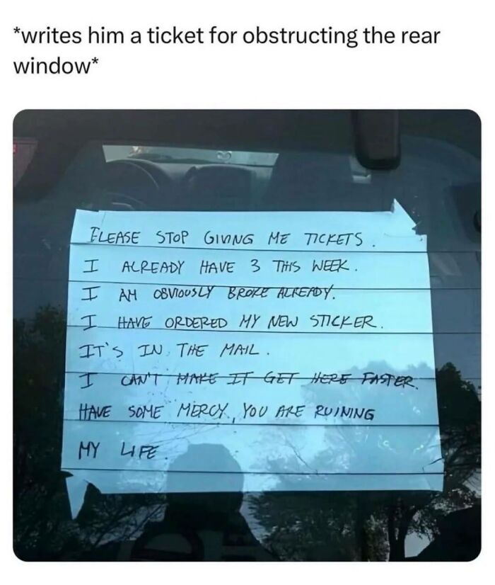Handwritten note on car window pleading for mercy after multiple tickets, featured in funniest memes about parking fines.