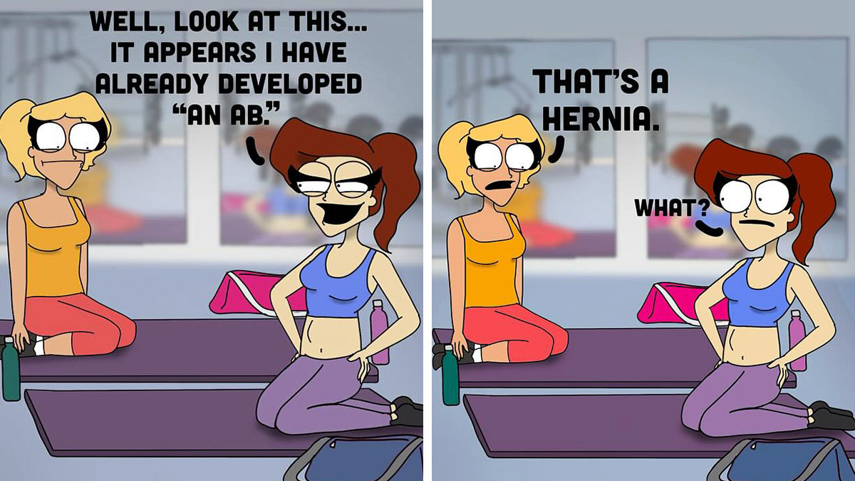Bold and hilarious comic shows two women at the gym discussing an unexpected hernia instead of abs in a funny twist.