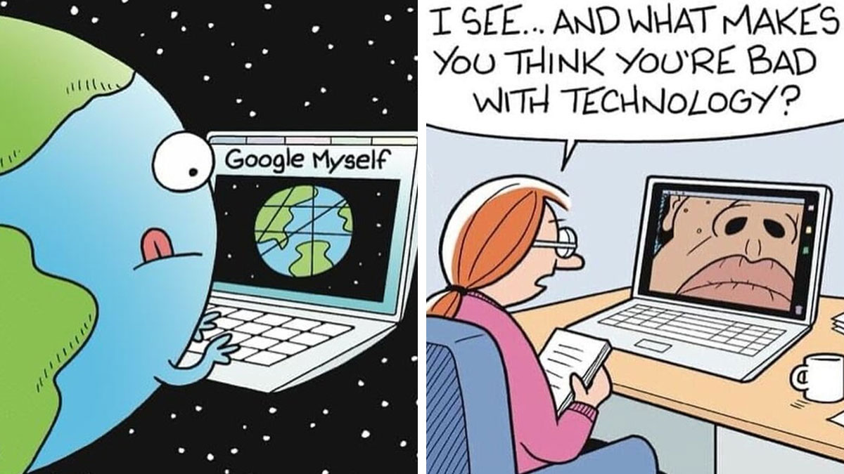 Comic strips from Off The Mark showing humorous takes on technology and internet searches by Mark Parisi.