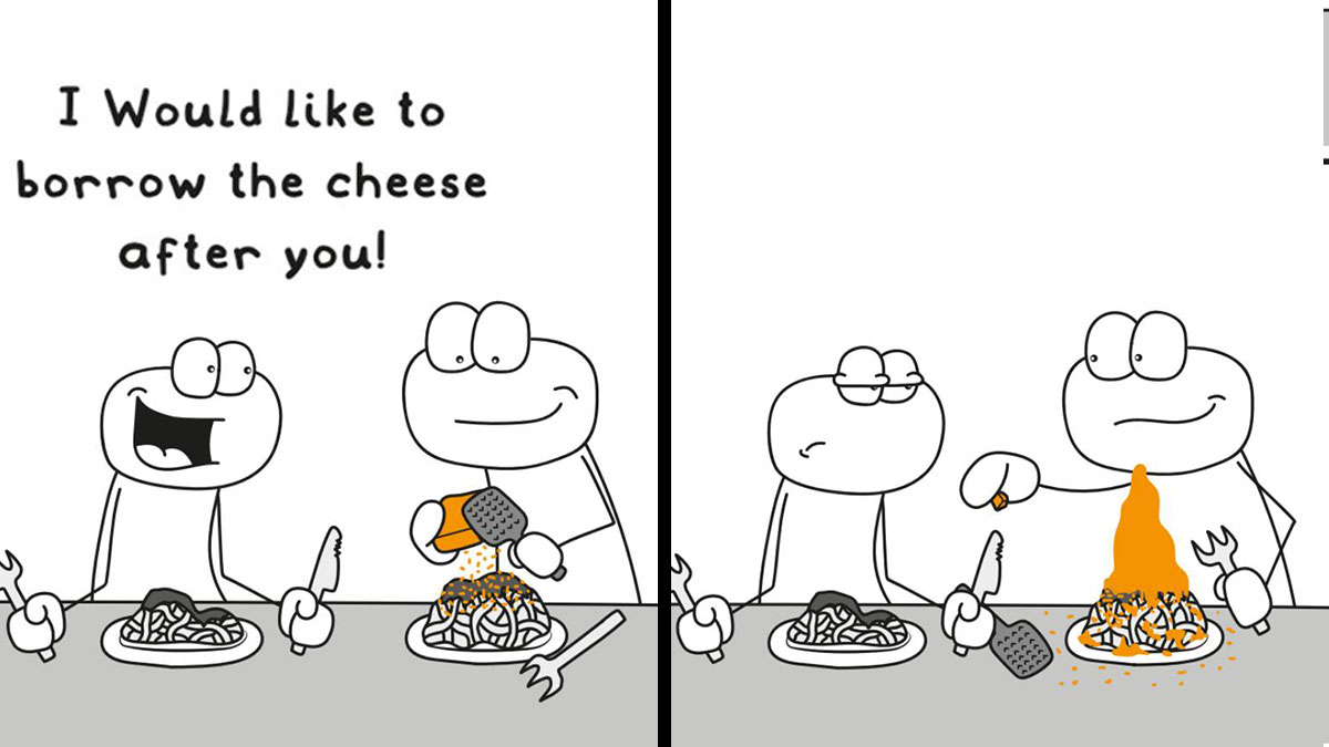 Two cartoon characters in a funny and relatable comic scene involving cheese and spaghetti in everyday life situations.