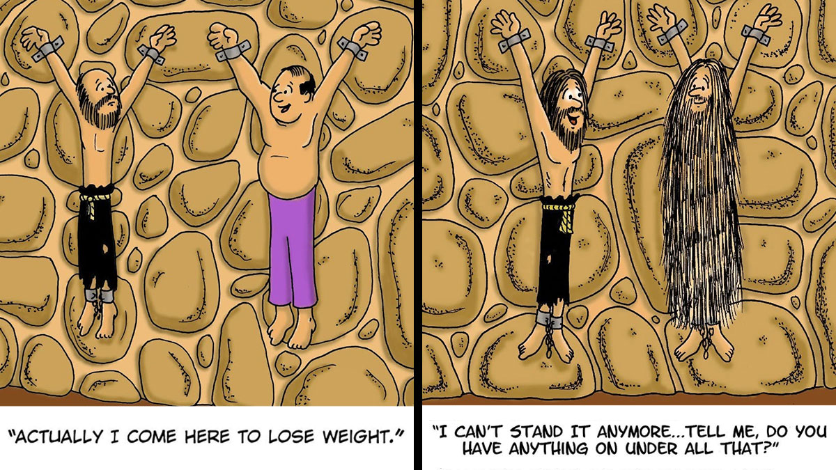 Two offbeat comics showing dungeon fails with characters chained to stone walls humorously struggling with weight and appearance.