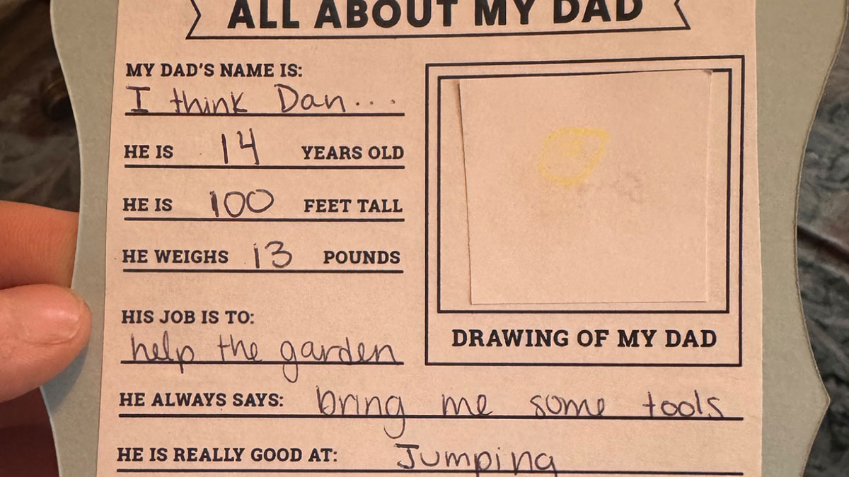 Child's humorous parenting worksheet about dad with funny age and height answers, illustrating funny parenting moments.