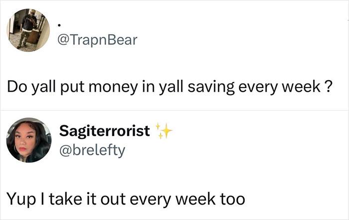 Funny meme from Circle Of Idiots showing a Twitter exchange about saving money and taking it out weekly.