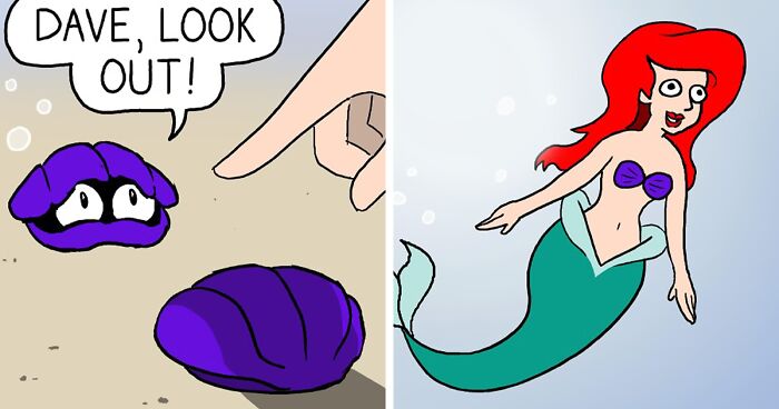 Comic panel by Ben Zaehringer showing a purple clam and a mermaid, featuring darkly funny comic artwork.