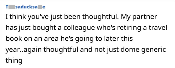 Text conversation screenshot showing a message about gifting a thoughtful travel book to a retiring male colleague. Text conversation screenshot showing a message about gifting a thoughtful travel book to a retiring male colleague.
