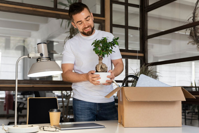 Smiling male colleague holding a potted plant at his desk, unpacking a gift box in a modern office setting.