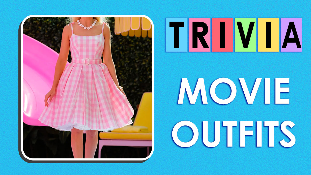 Pink checkered dress featured in legendary movie outfits trivia challenge with colorful lettering and blue background.