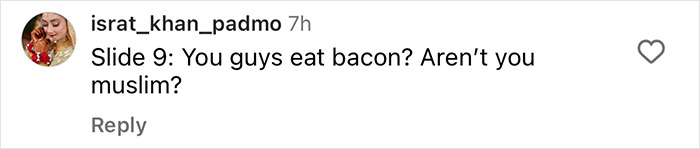 Comment on social media post reacting to Gigi Hadid's shared breakfast menu for daughter Khai, questioning the choice of bacon. Comment on social media post reacting to Gigi Hadid's shared breakfast menu for daughter Khai, questioning the choice of bacon.