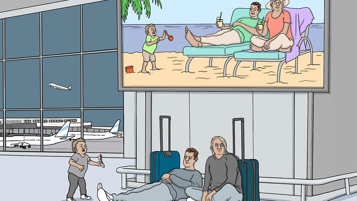 Cartoon of tired travelers at airport terminal with child playing near billboard showing a relaxing beach scene.