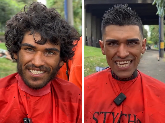 Homeless man’s viral makeover by barber sparks debate over potential model downgrade and style transformation. Homeless man’s viral makeover by barber sparks debate over potential model downgrade and style transformation.