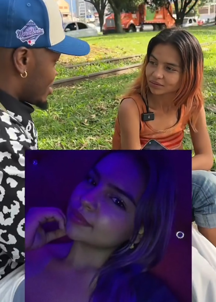 Man and woman sitting outdoors in park, with inset of woman posing under purple lighting, related to homeless man makeover viral story. Man and woman sitting outdoors in park, with inset of woman posing under purple lighting, related to homeless man makeover viral story.