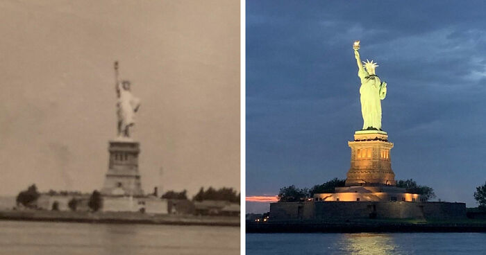 Side-by-side before and after images showing the transformation of the Statue of Liberty over time at a famous location worldwide.