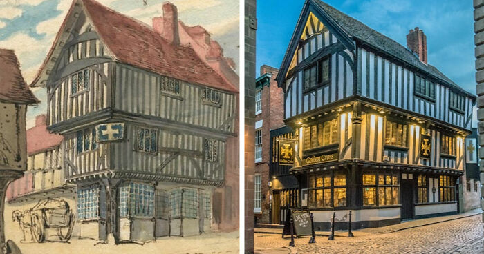 Side-by-side before and after images showing time transforming a famous location with historic timber-framed architecture.