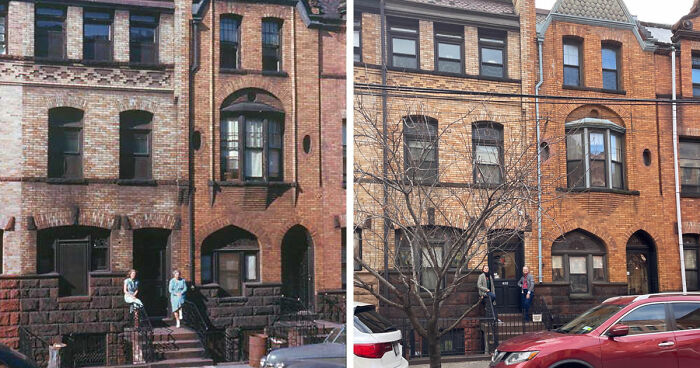 Side-by-side before and after images showing how time has transformed famous locations with brick townhouses and changing urban details.