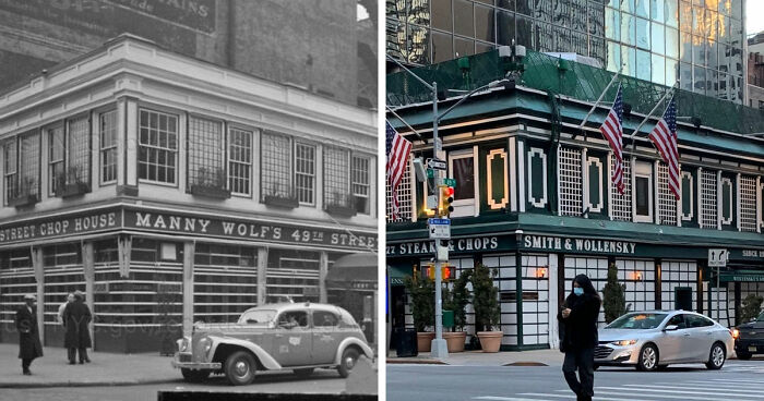 Side-by-side before-and-after images showing how time has transformed the famous Smith & Wollensky location worldwide.