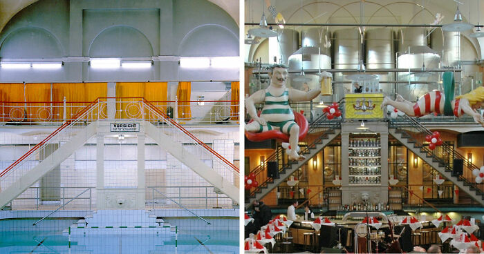 Before-and-after images showing how time has transformed a famous indoor pool into a lively restaurant with decorations worldwide.