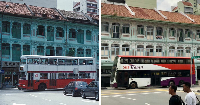 Before-and-after images showing how time has transformed a famous city street with changing buses and buildings worldwide.