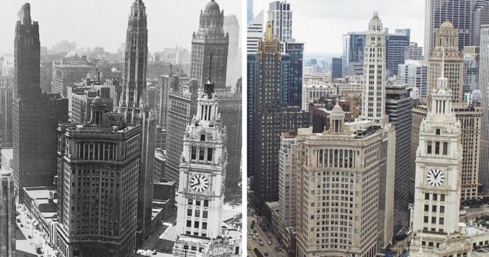 Before-and-after images showing how time has transformed famous locations with old and modern cityscape views side by side.