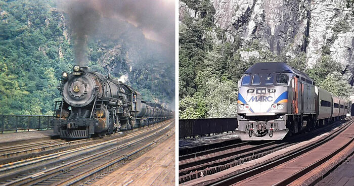 Side-by-side before-and-after images showing how time has transformed famous locations with old and modern trains on a mountain bridge.