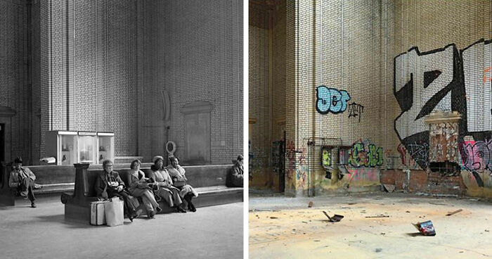Before-and-after images showing how time has transformed a once-busy indoor public space into an abandoned graffiti-covered location.