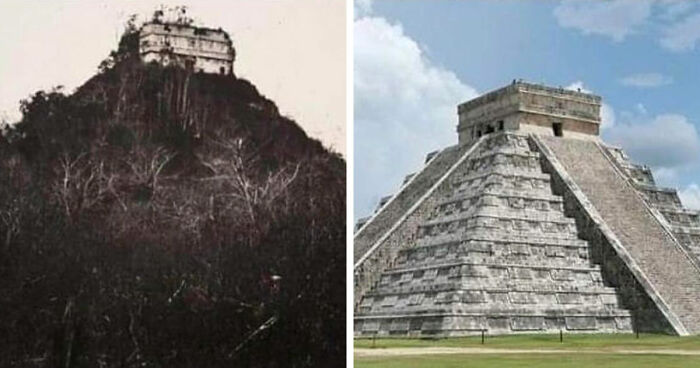 Before-and-after images showing the transformation of the famous ancient pyramid of Kukulkan over time.