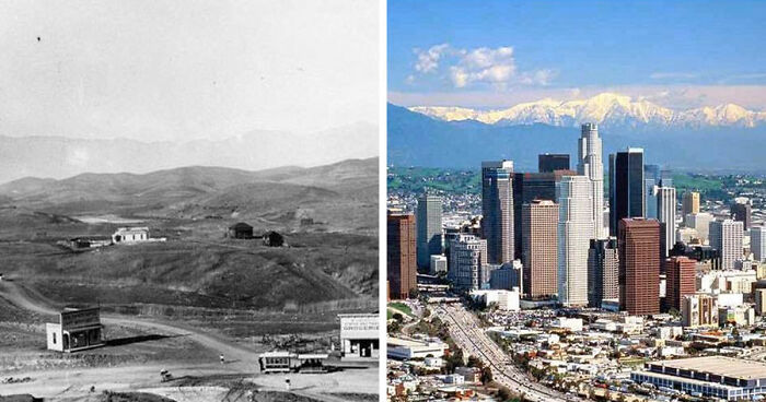 Before-and-after images showing how time has transformed famous locations worldwide with urban development and city growth.