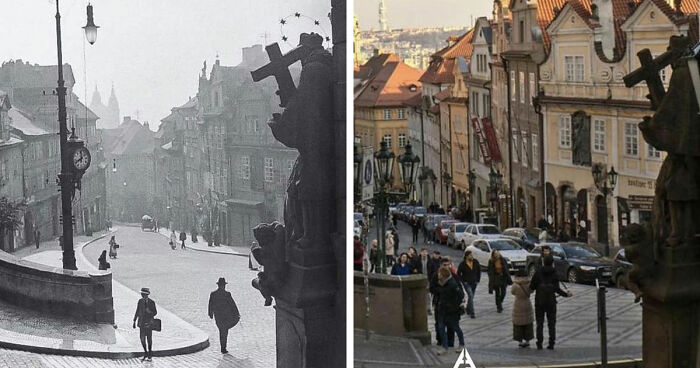Before-and-after images showing how time has transformed a famous historic street with architecture and pedestrian activity worldwide.