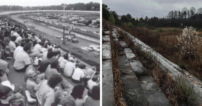 Before-and-after images showing the transformation of a famous race track from a crowded event to an abandoned, overgrown site.