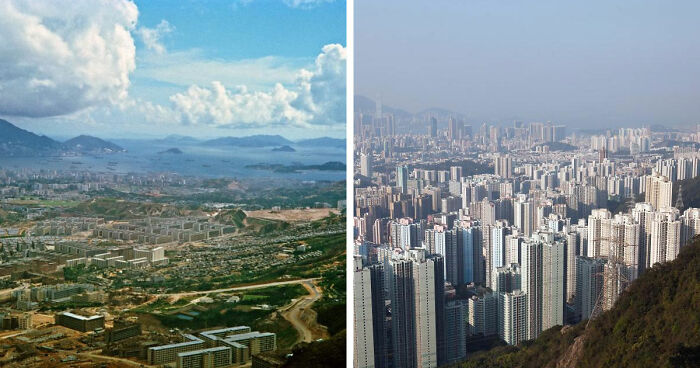 Before-and-after images showing how time transformed a famous location from sparse development to dense urban skyline.