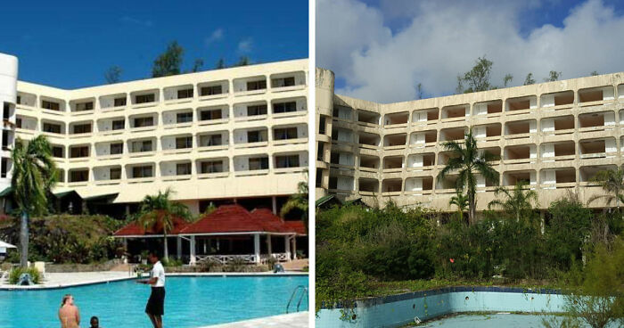 Before-and-after images showing the transformation of a famous hotel location over time with nature reclaiming the area.